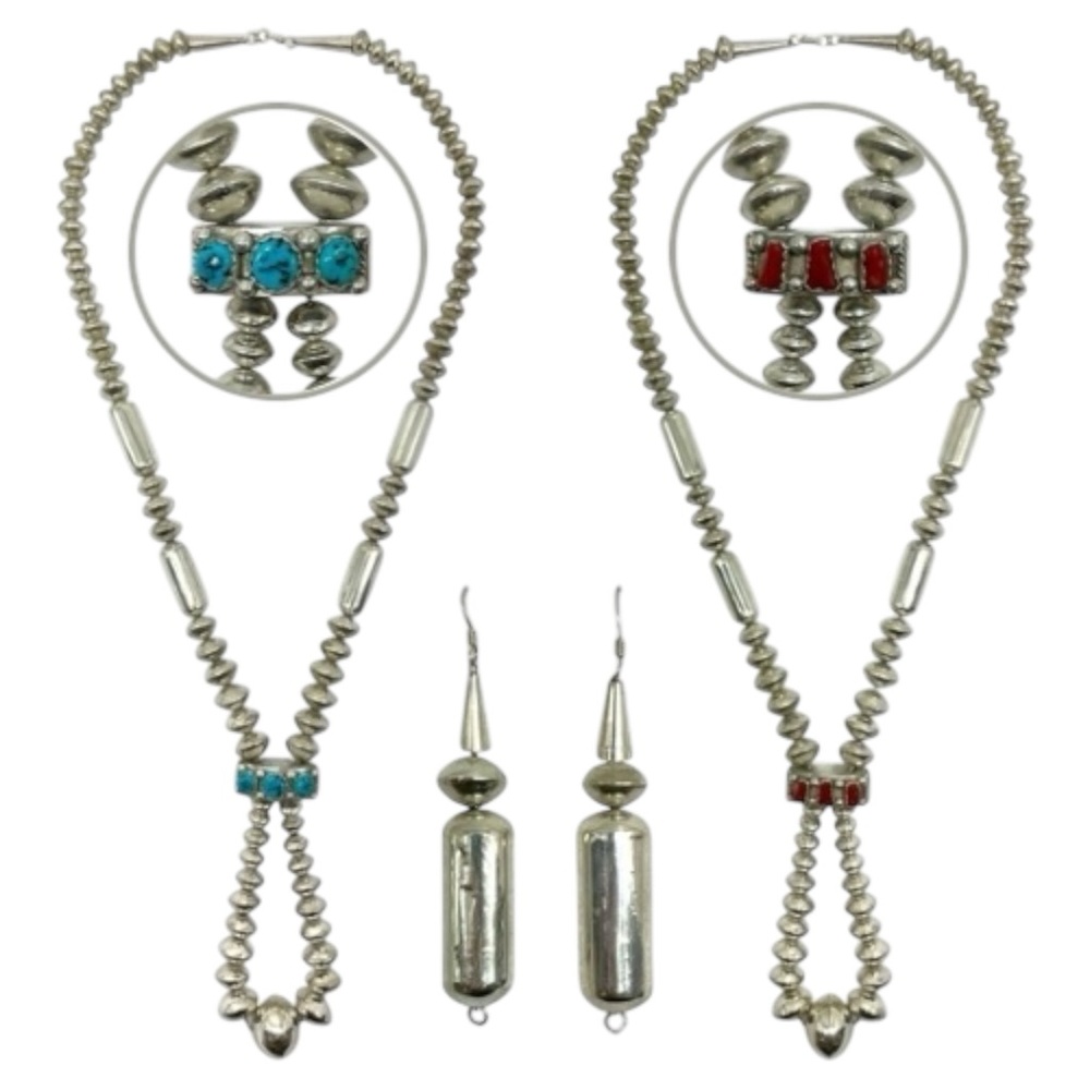 Vintage Mexican Sterling Silver Reversible Necklace Earring Set Turquoise Coral